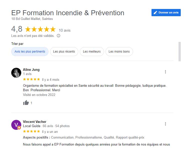 avis google 4.8 EP formation organisme de formation labal Qualiopi Saintes Charente Maritime